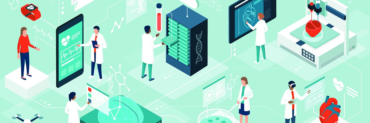 Doctors and researchers using innovative technologies for medicine and healthcare: medical wearables, AI, 3D printed and digital organs, stem cells and DNA bank